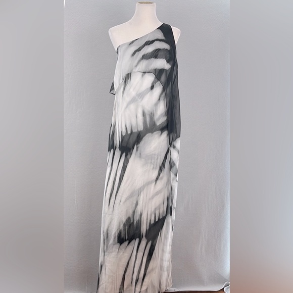 Halston Heritage women one shoulder tie-dye long caftan‎ dress gray/black size 4 - Picture 3 of 13